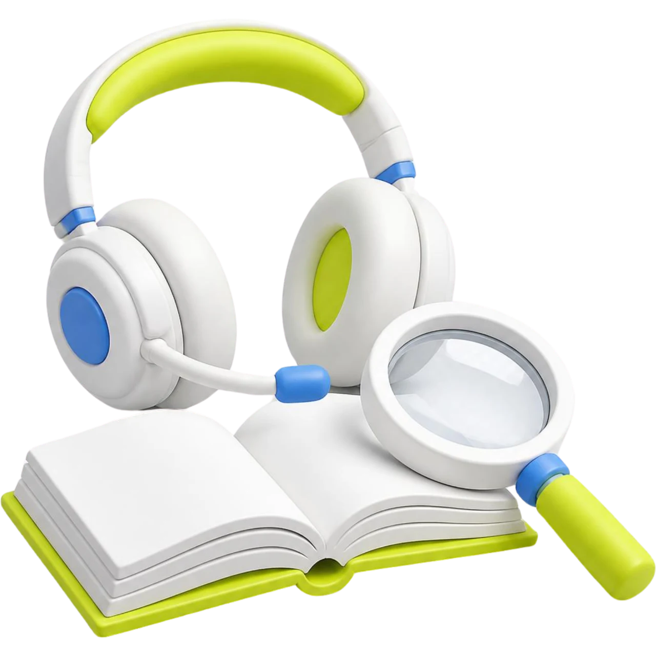 Headset, book and magnifying glass