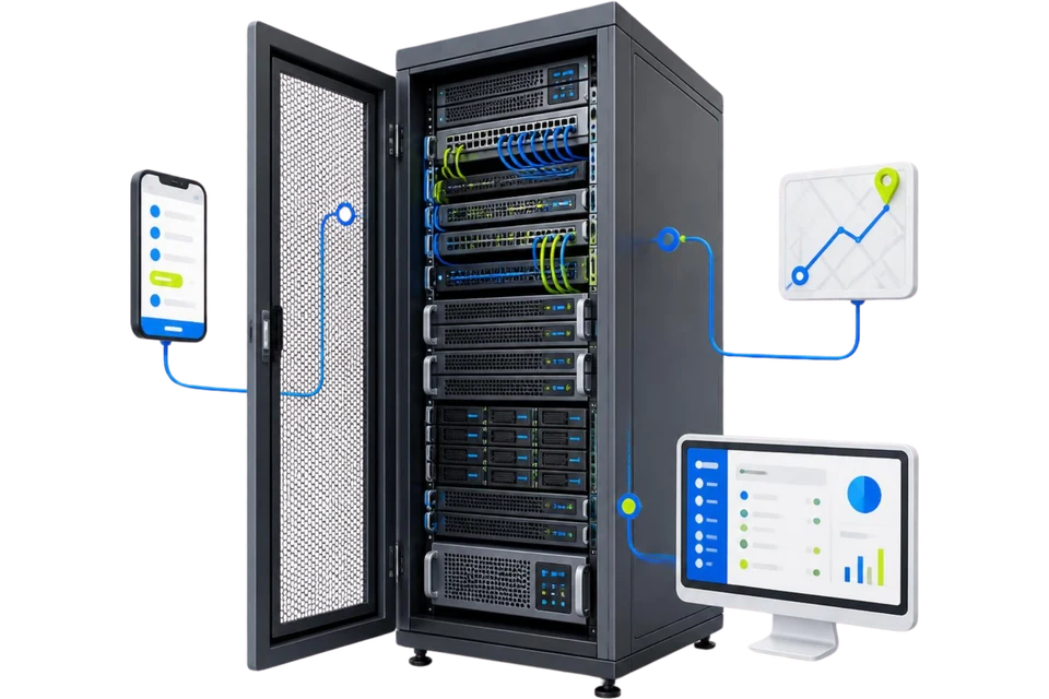 Open server rack connecting an app, a route and dispatch